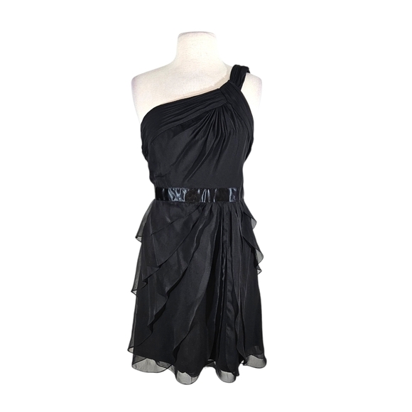 Adrianna Papell Flutter Chiffon Tiered Black One Shoulder Cocktail Dress - Picture 2 of 10